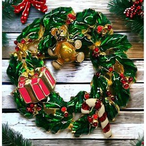 Christmas Wreath Brooch and Mini Detachable Pins Gold Tone Green Enamel 4 Piece